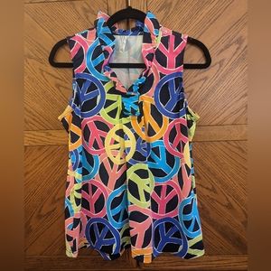 Lulu-B Ruffle-Neck Sleeveless Top - Peace Signs